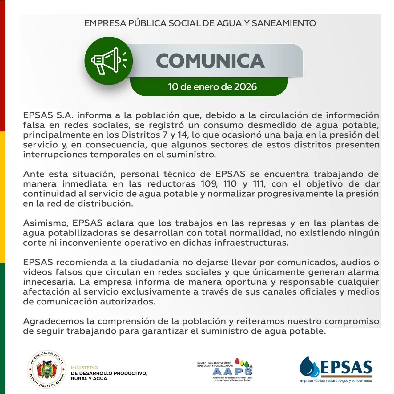 Epsas denuncia ‘información falsa’ en El Alto y pide no almacenar agua