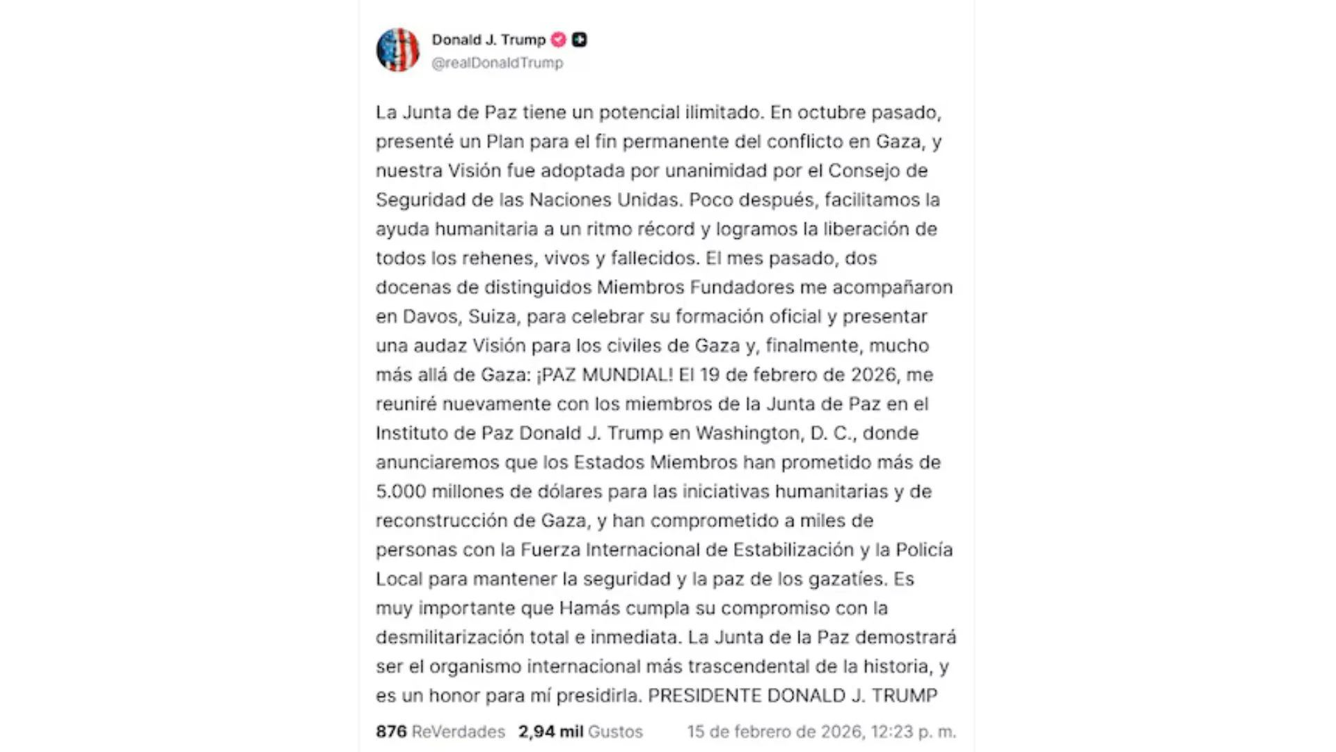 Donald Trump dice que Gaza será reconstruido, pero Hamas deberá desmilitarizarse