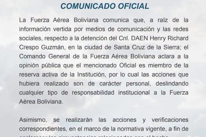 La FAB aclara que militar detenido es del servicio pasivo